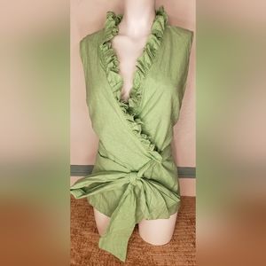 LaRoque Original Womens Green Gingham 100% Linen Ruffle Sleeveless Wrap Blouse